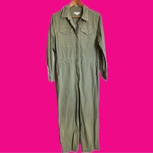 Green Utilitarian Jumpsuit with Long Sleeves and Button Closure